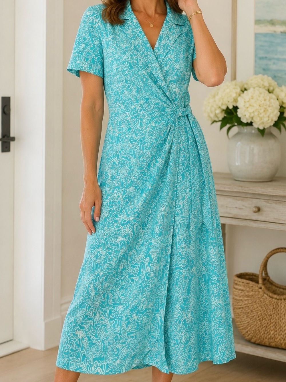 VTG Talbots Pure Silk Wrap Midi Dress Aqua Blue & White Paisley Print Women’s 10